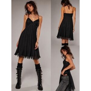 90s Y2K Babydoll Beaded Crochet Mesh Pleated Dress 0 Black Whimsigoth Fairy Boho